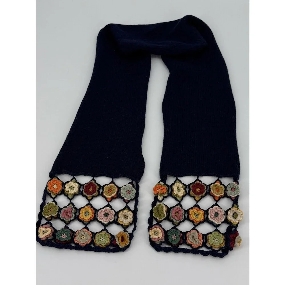 BHcrafts Crochet Flower Knit Scarf | Navy | One Size